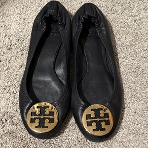Tory Burch Black Leather Ballet Flats with Gold Logo Medallion